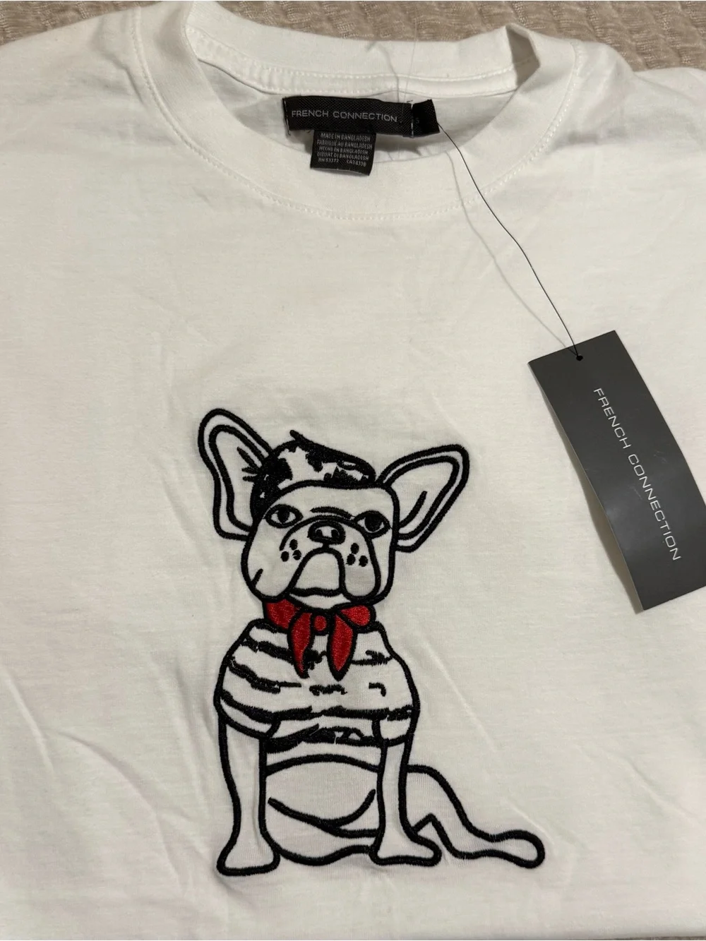 French Connection White Tee with Black Dog Outline and Red Accent